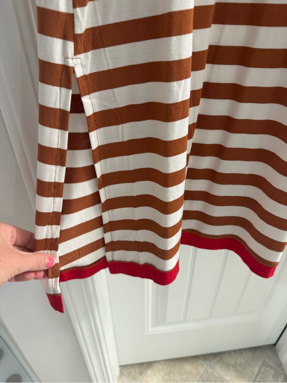 Striped V-Neck Dress in Brown and White - Picture 4 of 6